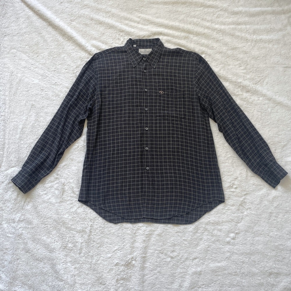Vtg Valentino Chemises Mens Black Grid Viscose Blend Button Down Shirt Size 39